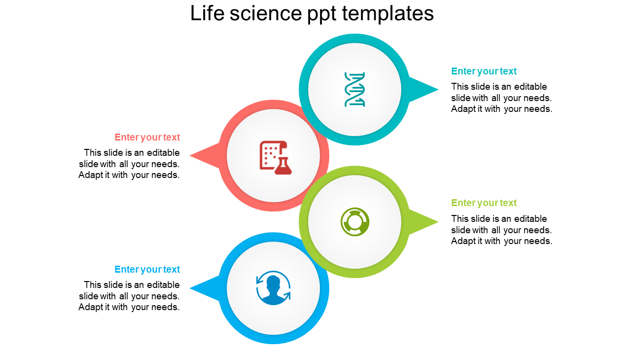 Life science PPT template with four circular sections a laboratory flask, DNA helix, human figure, and first aid symbol.