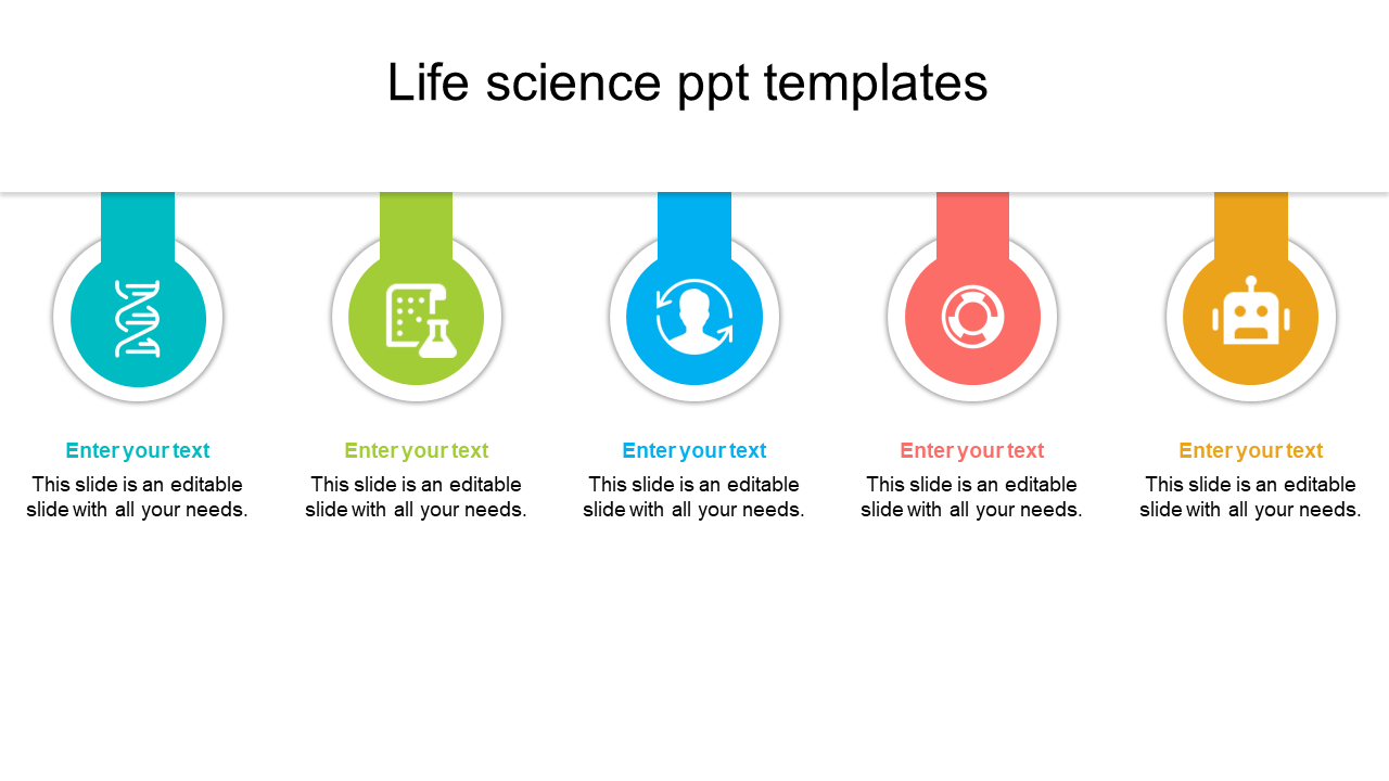 Life science PowerPoint slide with five sections, each featuring icons for DNA, a flask, a person, a gear, and a robot.