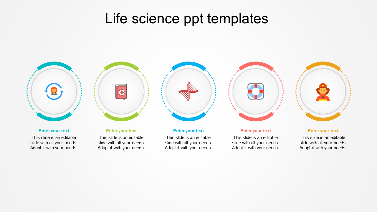 Horizontal layout with five circular icons in teal, green, blue, orange, and yellow, each showing life science concepts.