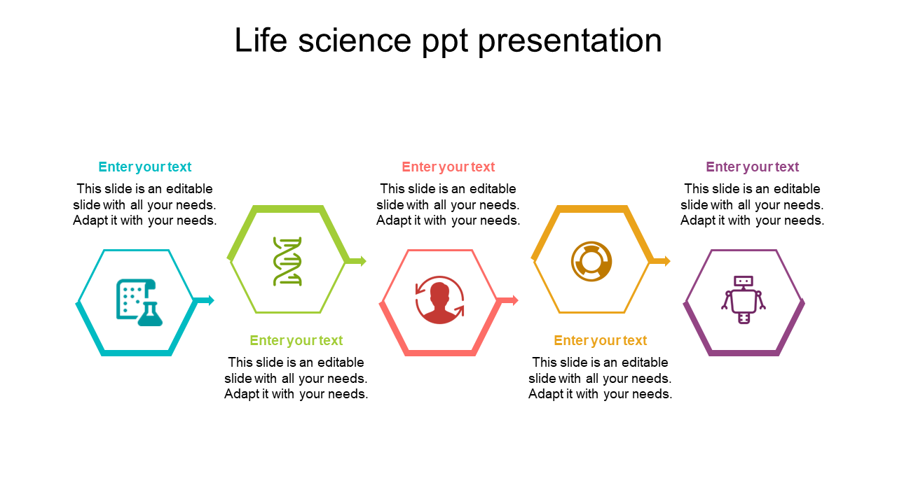 Life science slide showcasing a sequence of hexagonal icons in teal, green, red, yellow, and purple, with text fields.