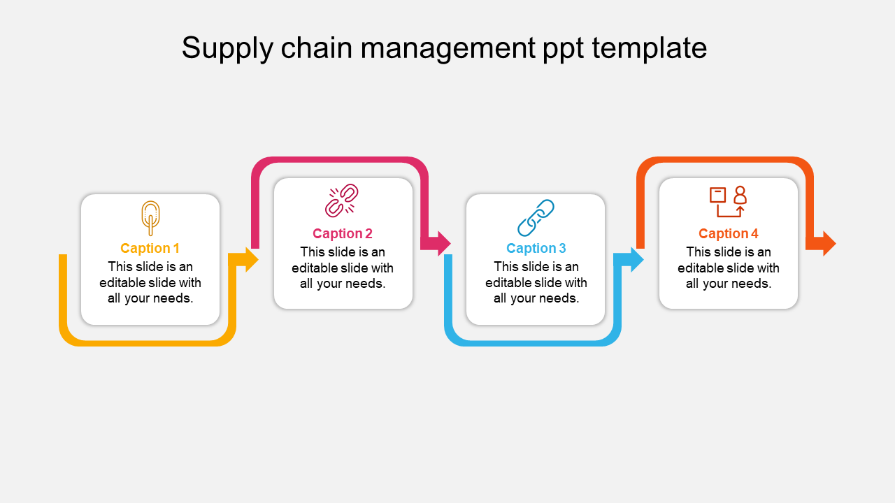 Supply chain management PowerPoint template with four linked steps and corresponding icons with captions.