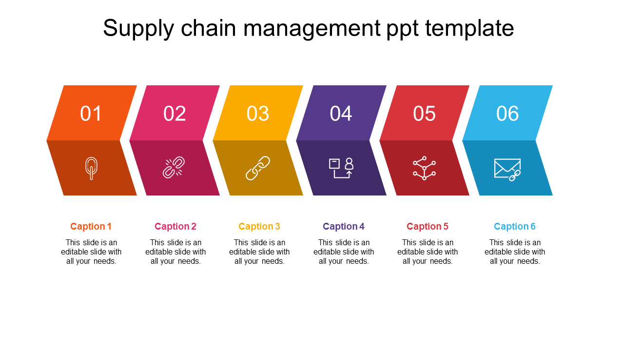 Supply chain management PowerPoint slide with six caption arrows with colorful icons and placeholder text on a white theme.