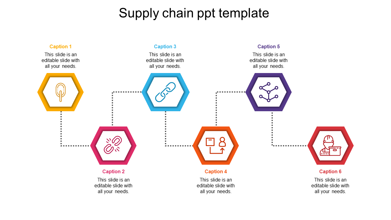 Supply chain PowerPoint template with colorful hexagonal icons and placeholders for text entry on a white theme.