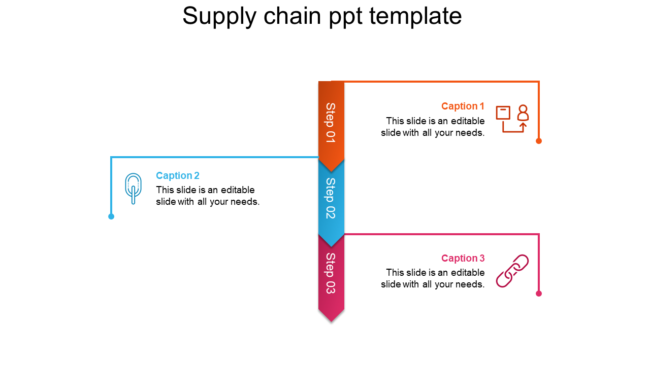 Supply chain PowerPoint template with steps represented by colored arrows and icons for different processes.