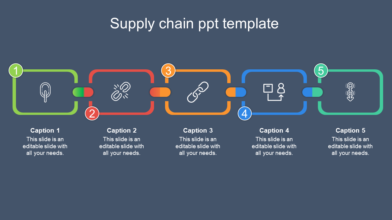 Five colorful rectangular blocks in green, red, orange, blue, and teal, connected by lines, representing supply chain stages.