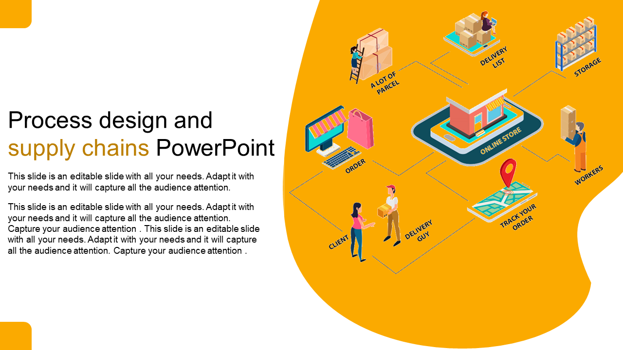 Illustrated supply chain process with icons for ordering, delivery, storage, and tracking connected in a flow.