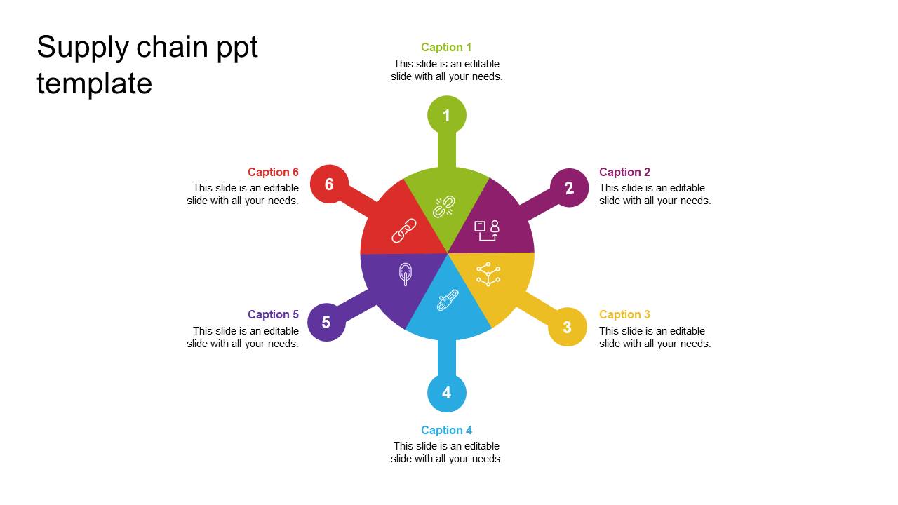 A colorful supply chain slide with icons representing different stages of the process with icons and placeholder text.