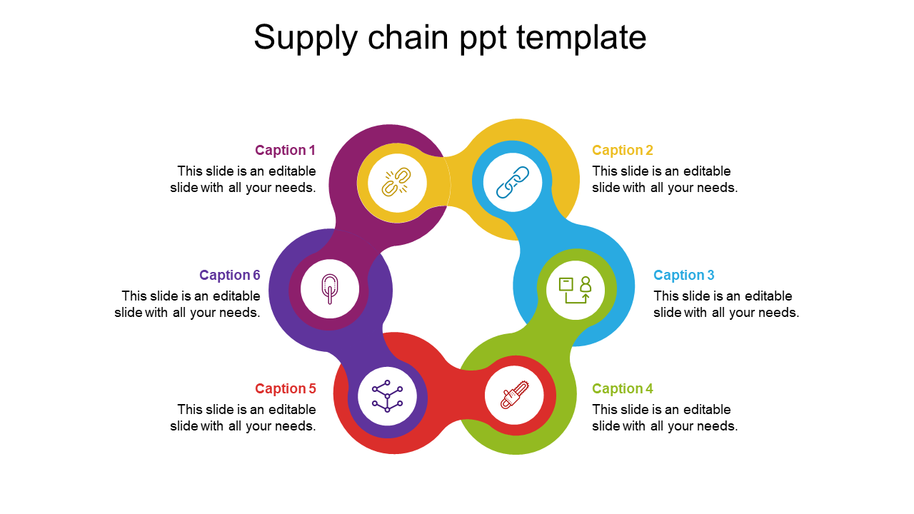 Colorful circular supply chain template with interconnected segments, each with icons and captions  areas.