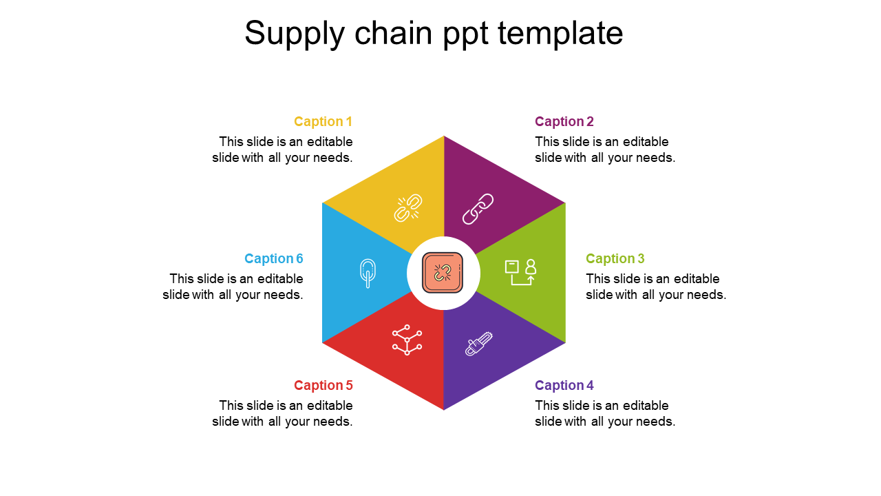 Hexagonal diagram with six colorful segments in yellow, pink, green, purple, red, and blue, each linked to captions.