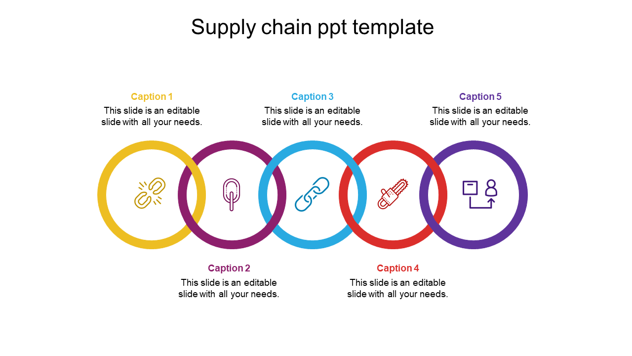 Five interconnected circles in yellow, maroon, blue, red, and purple, with icons, representing supply chain stages.