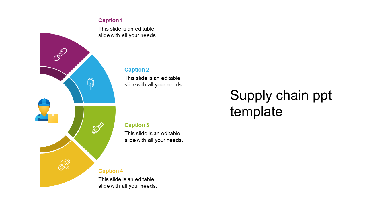 Colorful supply chain PowerPoint slide with pie chart design and icons with captions and placeholder text on a white theme.