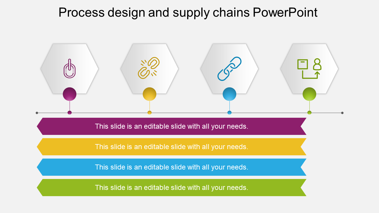 Process design and supply chain PowerPoint template with four steps with icons and placeholder text.