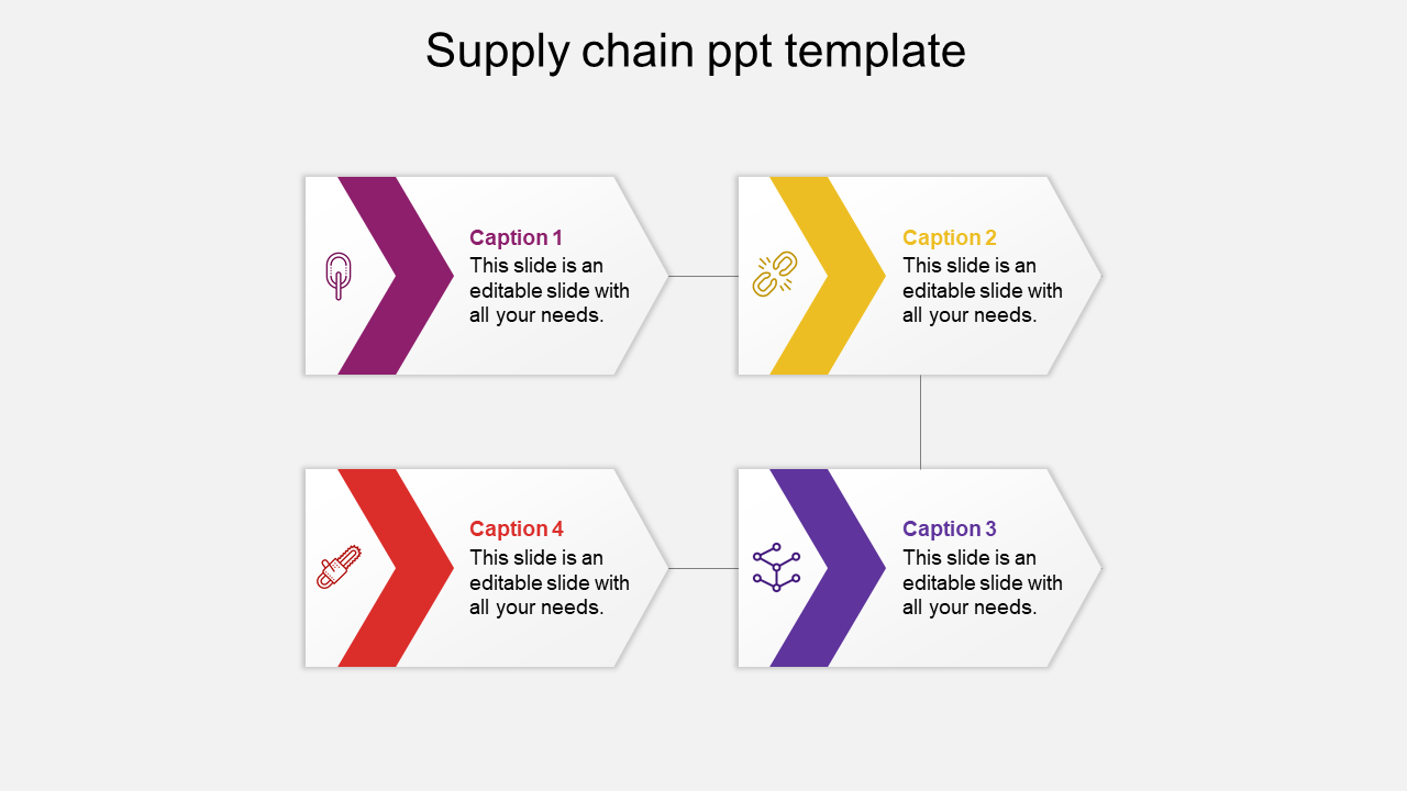 Supply chain PowerPoint template with colorful arrows pointing in different directions, each with a caption and icons.