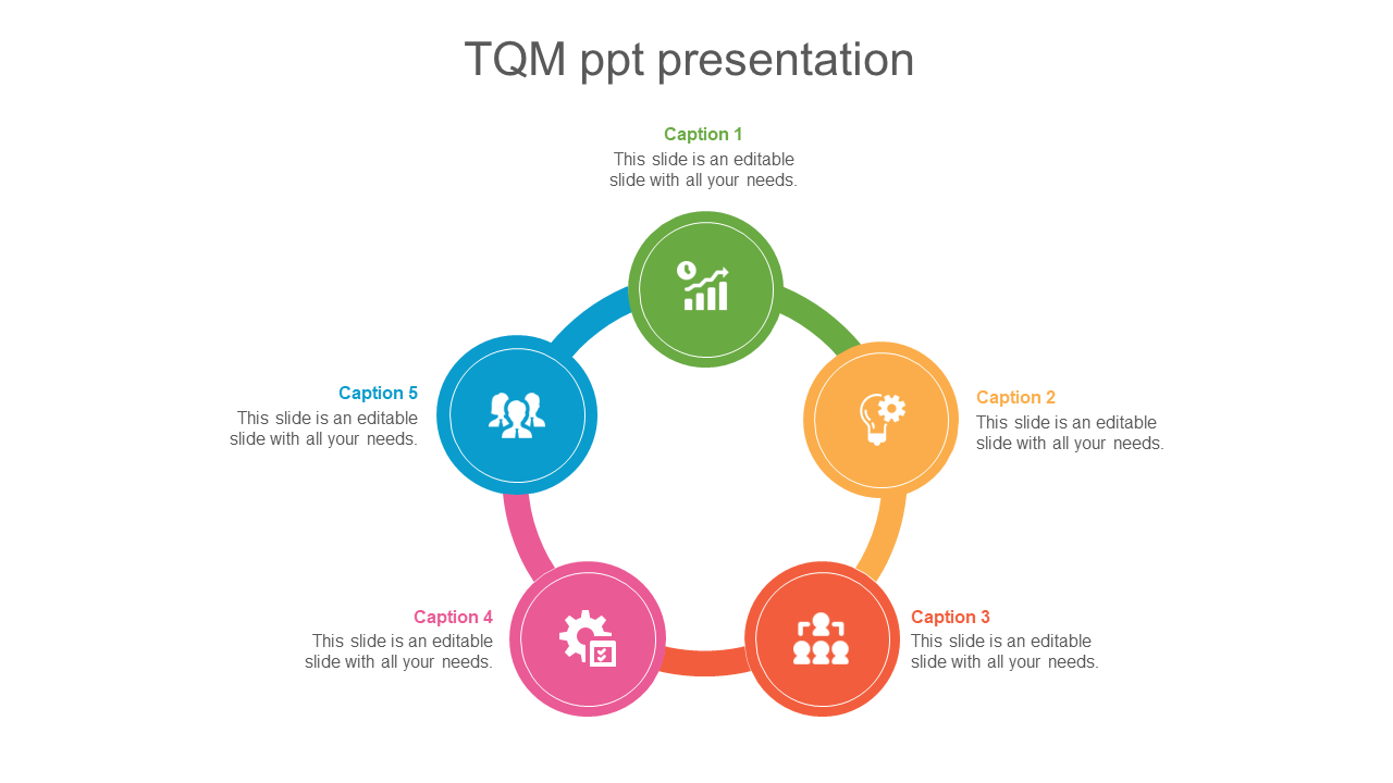 TQM presentation slide with a circular flow of five icons in green, orange, red, pink, and blue, connected in a cycle.