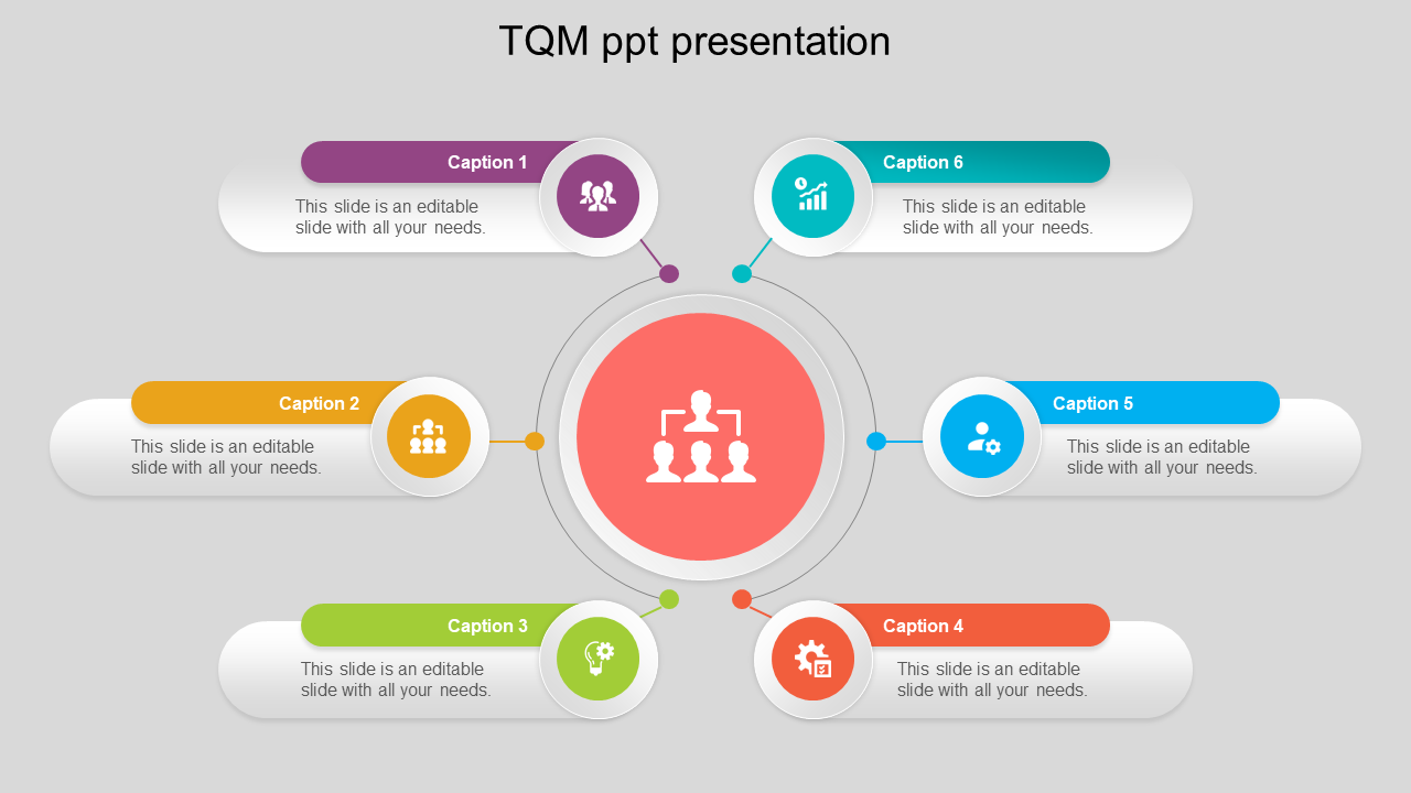 TQM presentation slide with six colored sections arranged in a circular layout, each segment labeled with caption areas.