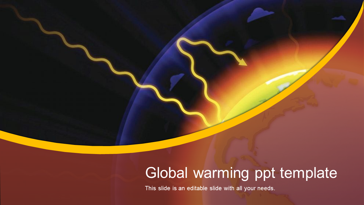 Slide showing yellow energy waves interacting with Earth atmosphere, on a dark blue background and red curved layers below.