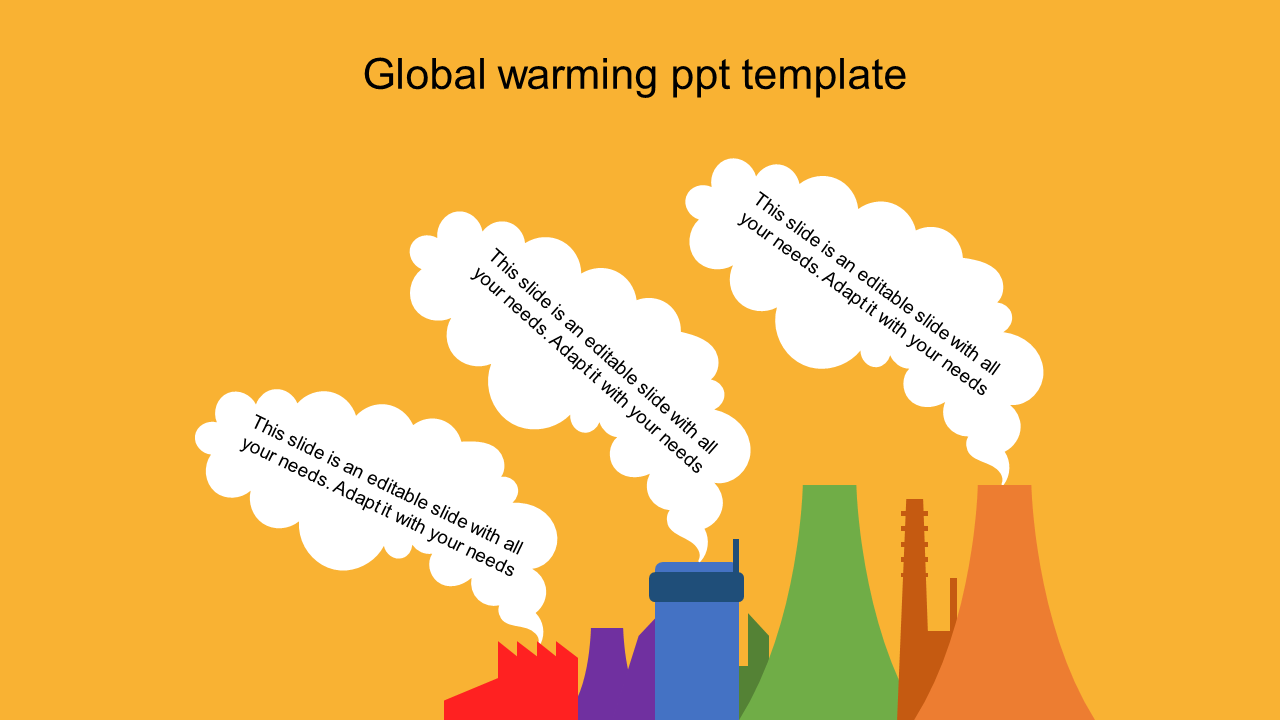 Illustration of industrial chimneys emitting white smoke shaped text bubbles, set against a bright orange backdrop.