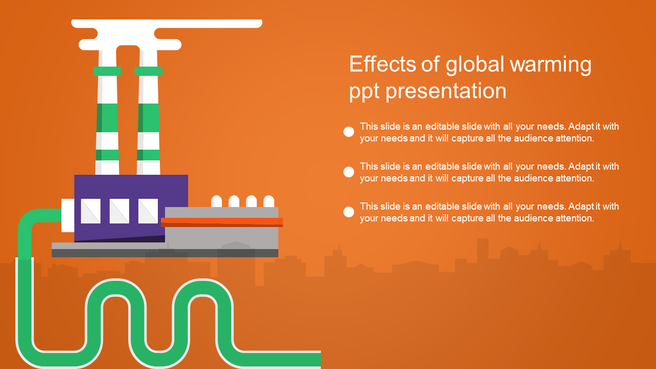 Slide on global warming effects, featuring an industrial facility graphic and text points on a warm orange background.