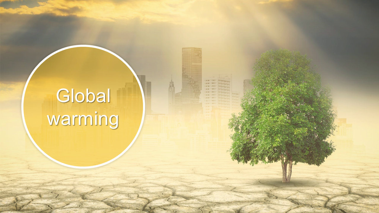 Tree in a dry landscape, blurred city skyline, hazy sunlight, and a yellow circle with global warming text on the left.