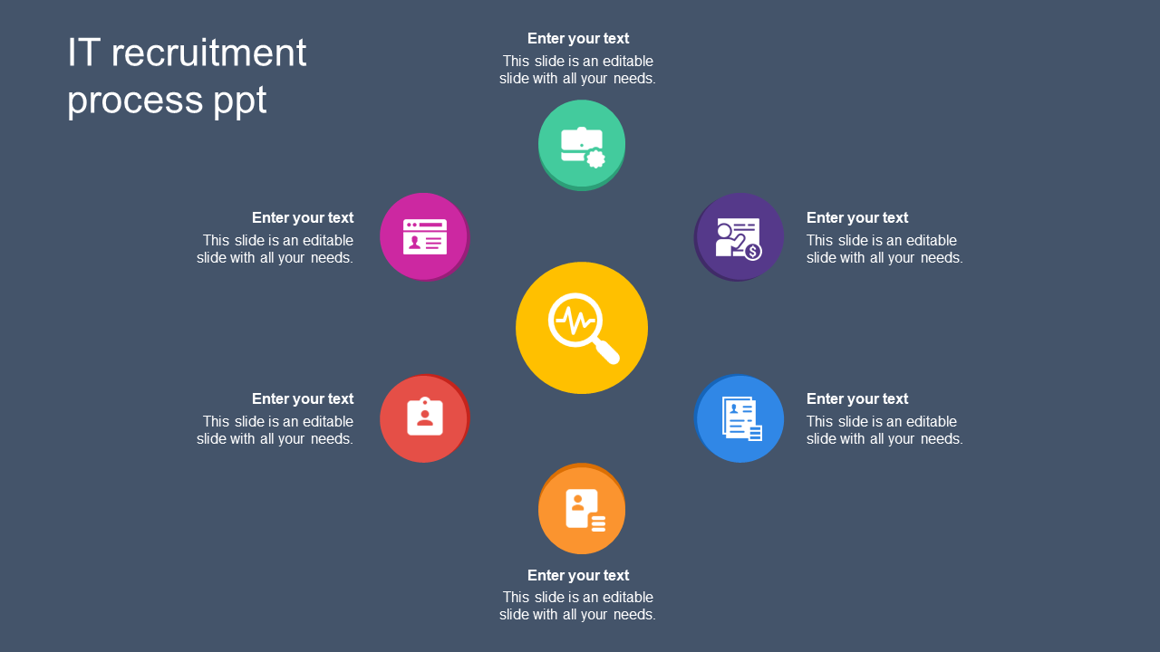 IT recruitment diagram featuring seven colored icons, including icons, in a circular layout with caption areas.