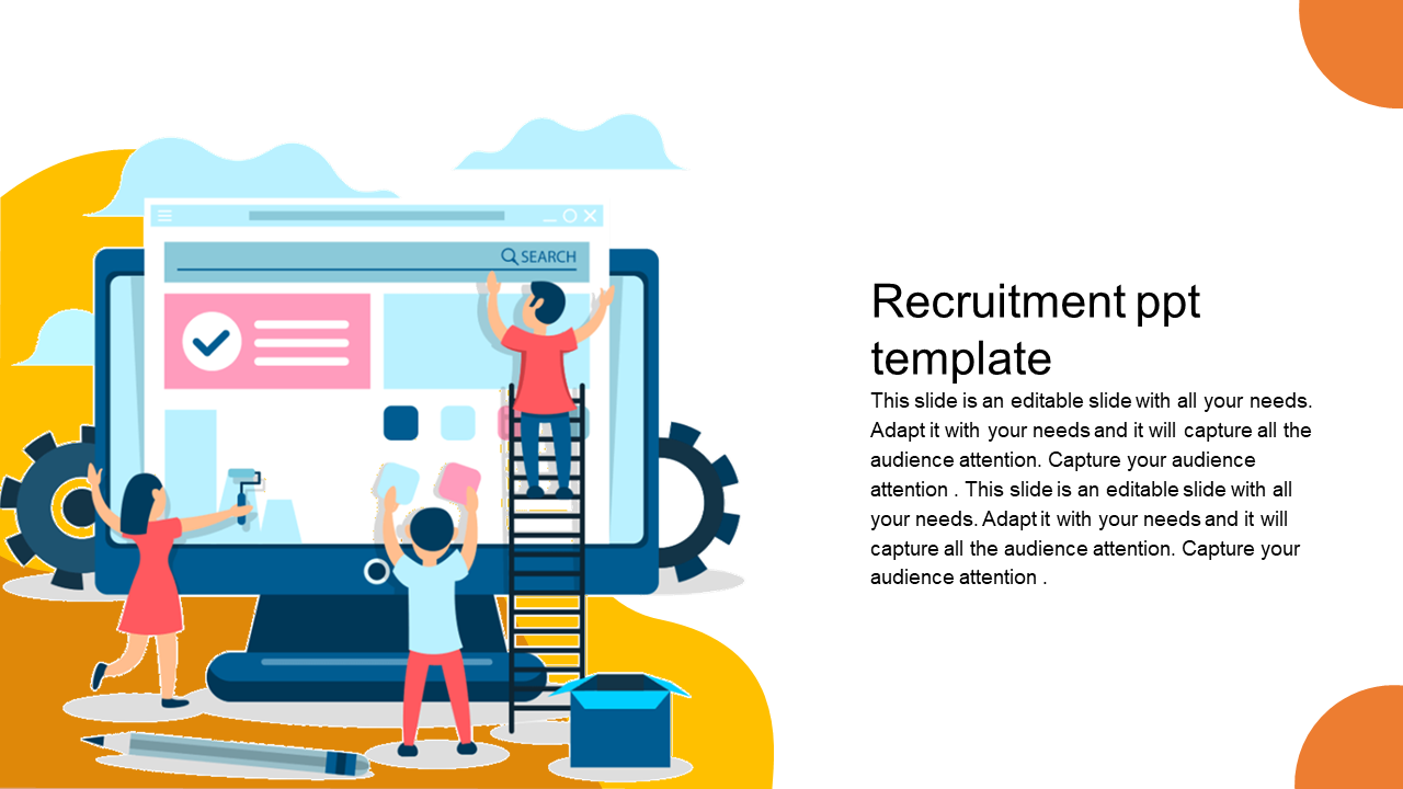 Recruitment PowerPoint template showing people working on a large computer screen, with gears and tools.