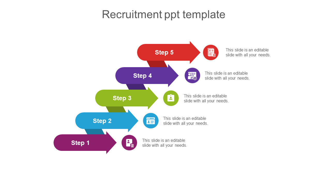 Colorful recruitment process slide with five steps, each represented by arrows and icons with placeholder text.