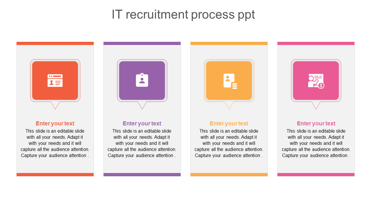 Four rectangles in red, purple, yellow, and pink, each with an icon and labeled for an IT recruitment process step.