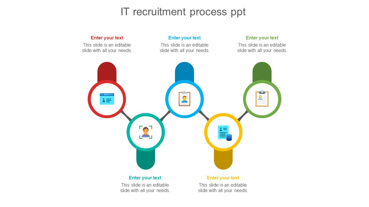 IT process flow slide with five colorful circles in red, teal, blue, yellow, and green, each containing an icon and text.