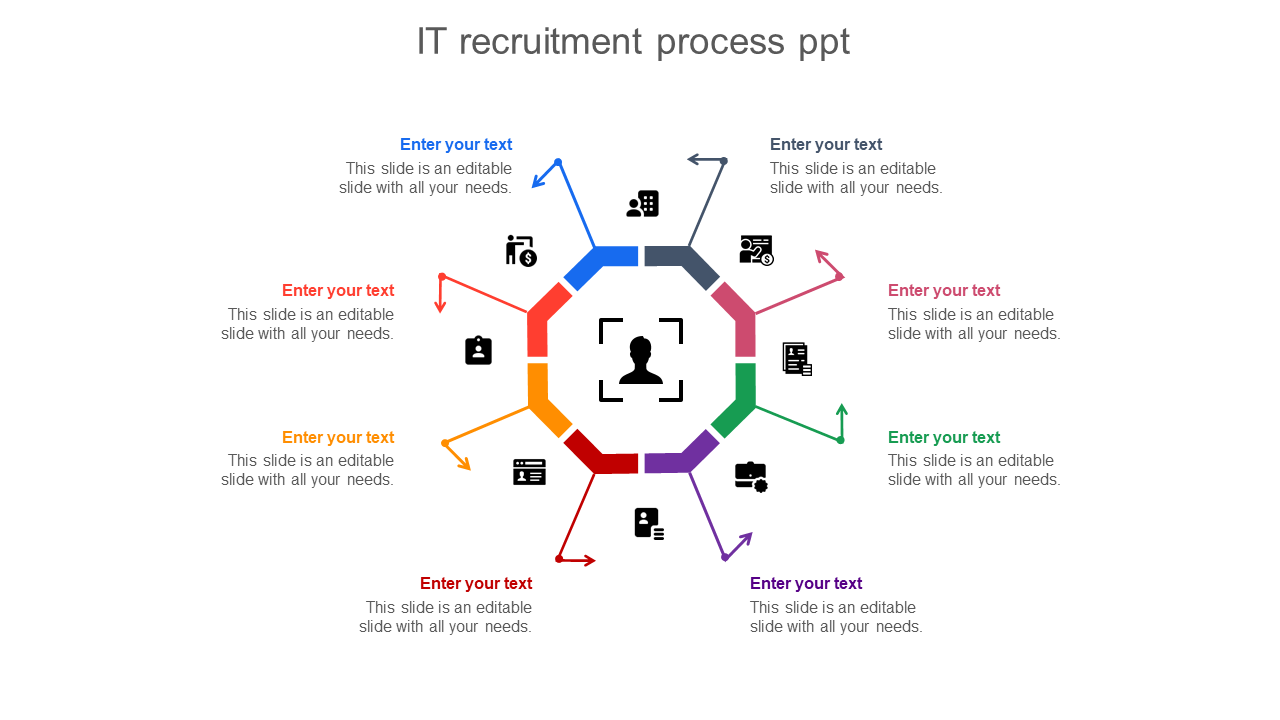 IT recruitment process PowerPoint slide with colorful circular flow and multiple stages for recruiting IT professionals.