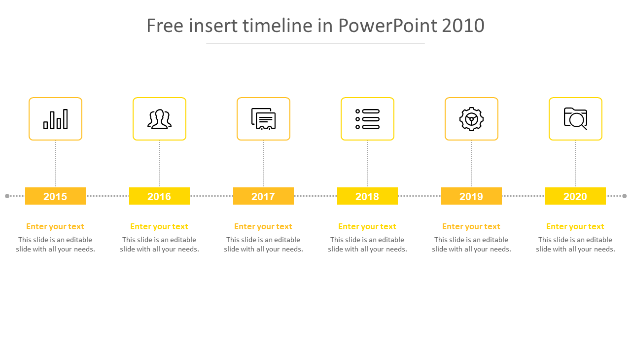 PPT slide showcasing a timeline from 2015 to 2020 with yellow icons representing different milestones with placeholder text.