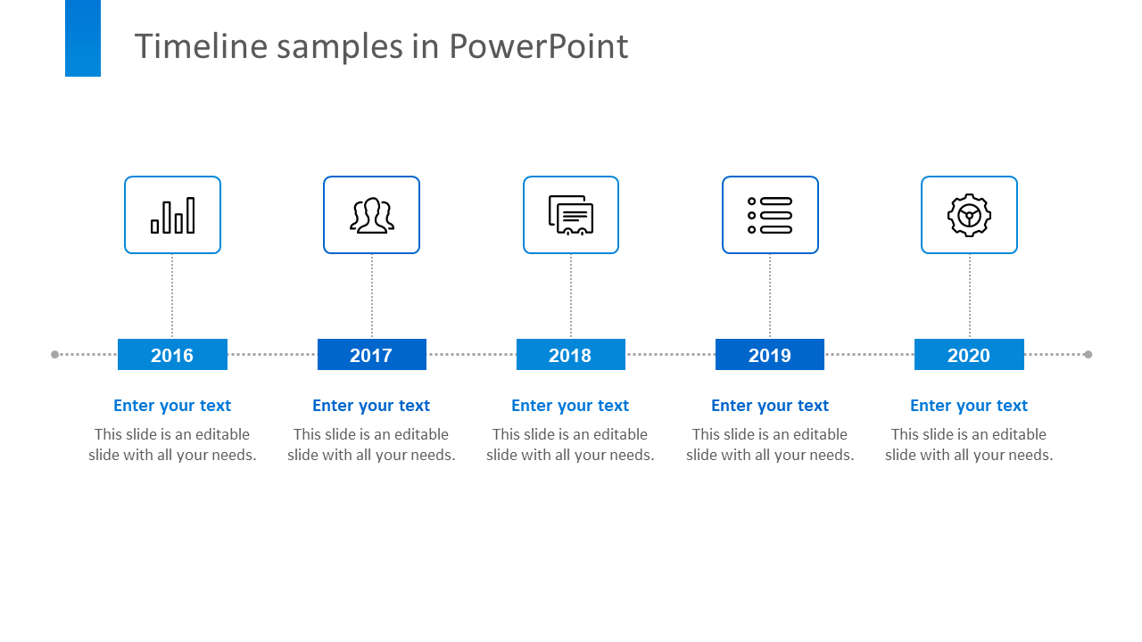 Blue timeline with square markers for each year, from 2016 to 2020, with icons above and dotted connections.