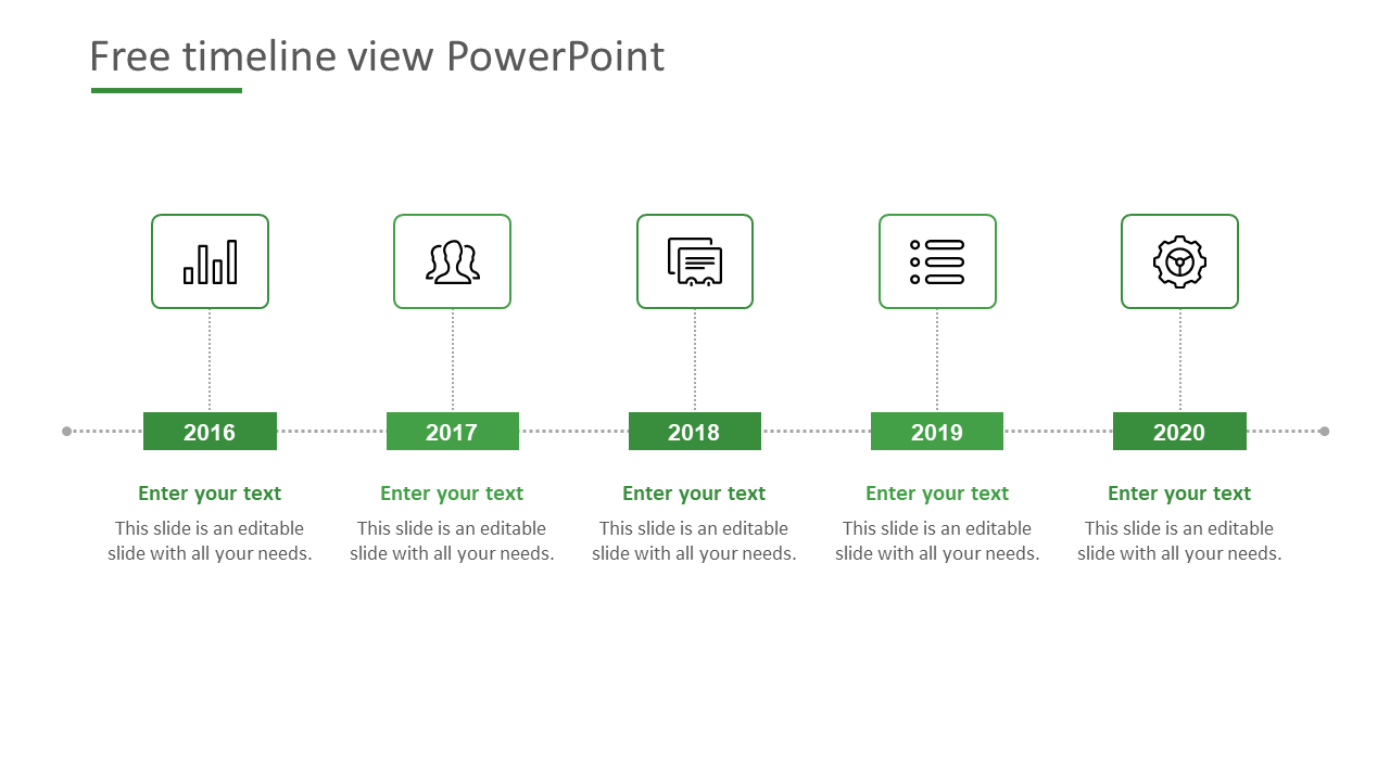 Timeline PPT slide in 2010 with a five step process from 2016 to 2020, featuring green color coded icons and placeholder text.