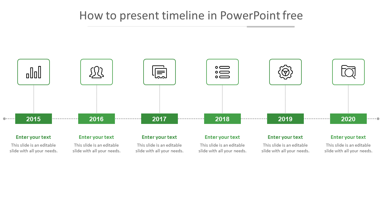 Horizontal timeline with six green rectangular markers for each year, connected by dotted lines.