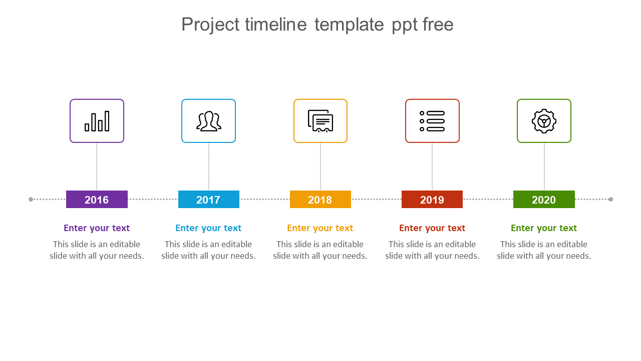 Colorful project timeline PowerPoint template with icons for each year from 2016 to 2020 with placeholder text.