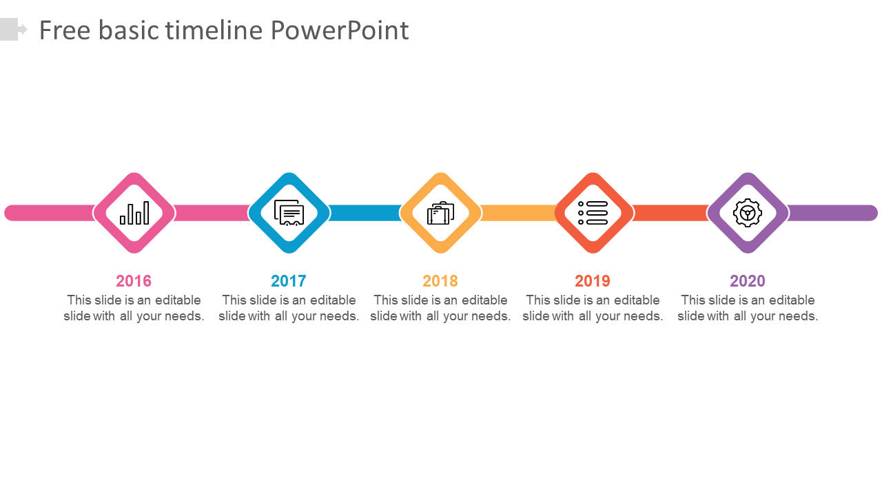 Basic timeline PPT template with colored diamond icons representing milestones from 2016 to 2020 with placeholder text.