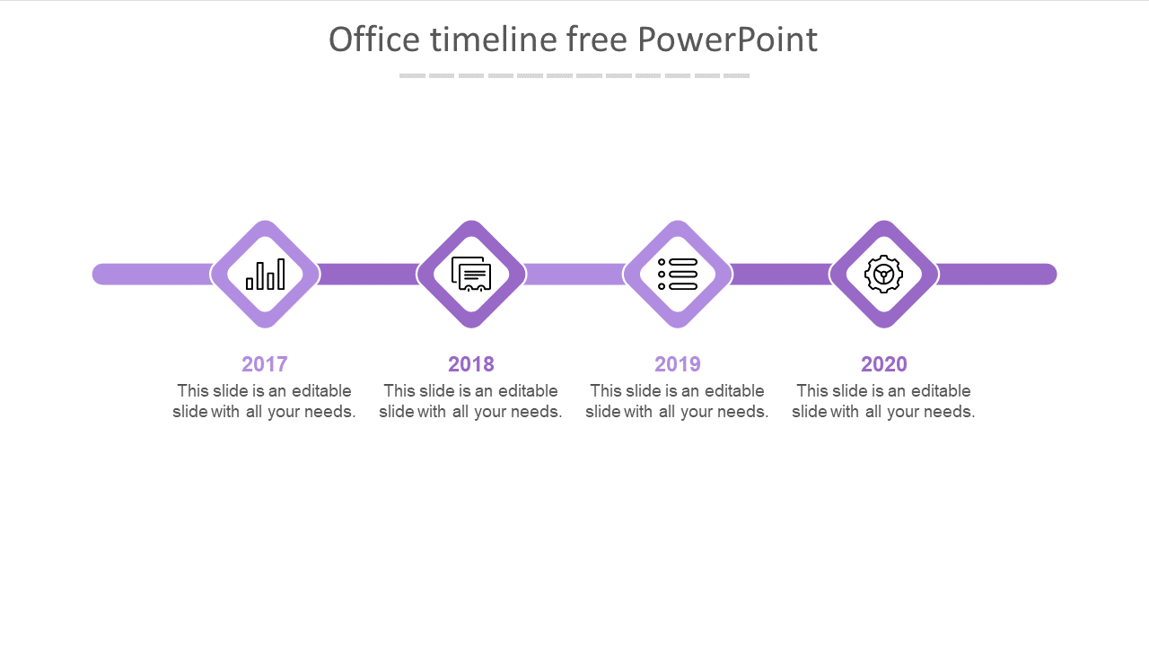 Office timeline template with diamond-shaped markers showing years 2017 to 2020, each with icons and placeholders text.