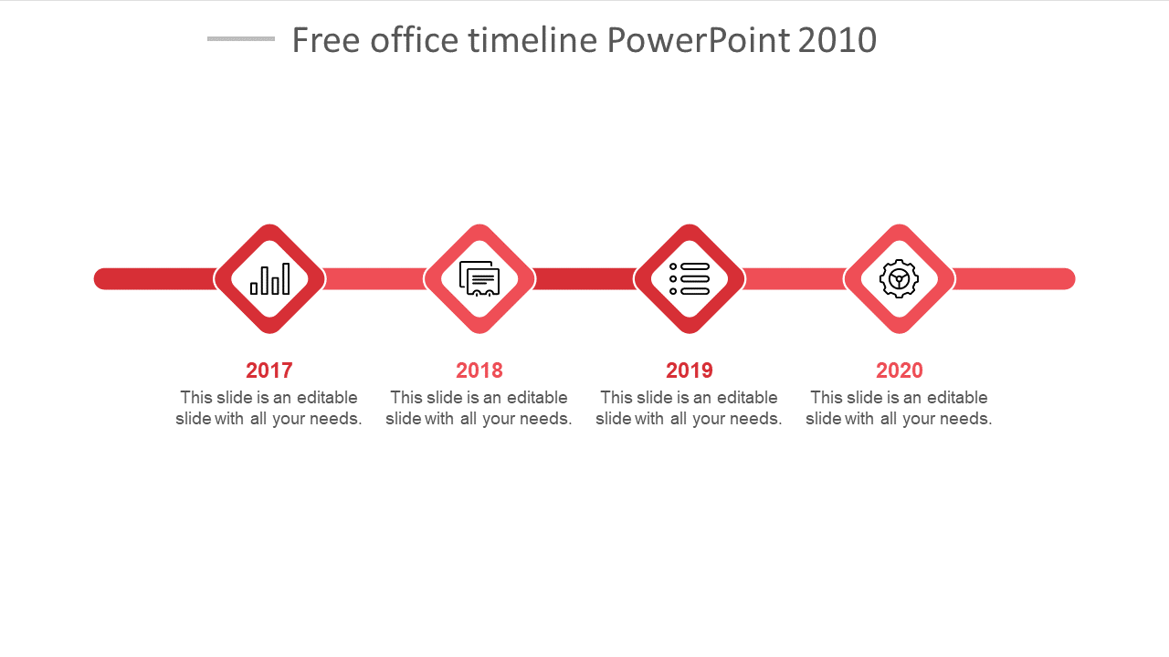 Timeline PowerPoint slide with a red design, marking key years 2017, 2018, 2019, and 2020 with icons and placeholder text.