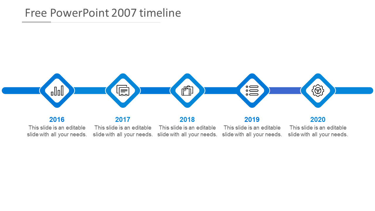 Blue timeline with five diamond shaped year markers from 2016 to 2020, each containing icons and text placeholders.