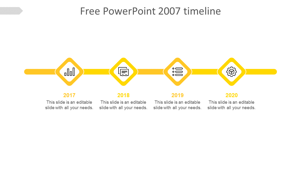 Timeline PowerPoint slide with captions from 2017 to 2020, featuring yellow icons for each year with placeholder text.