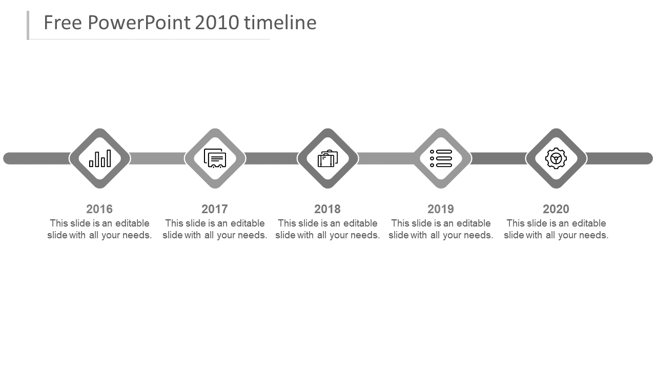 Horizontal timeline with five grey diamond shaped icons linked by a line, each representing years from 2016 to 2020.