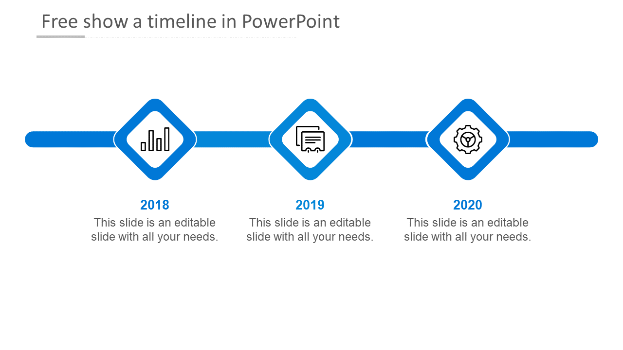 Timeline with blue diamond shapes for each year from 2018 to 2020, connected by a line with icons inside.