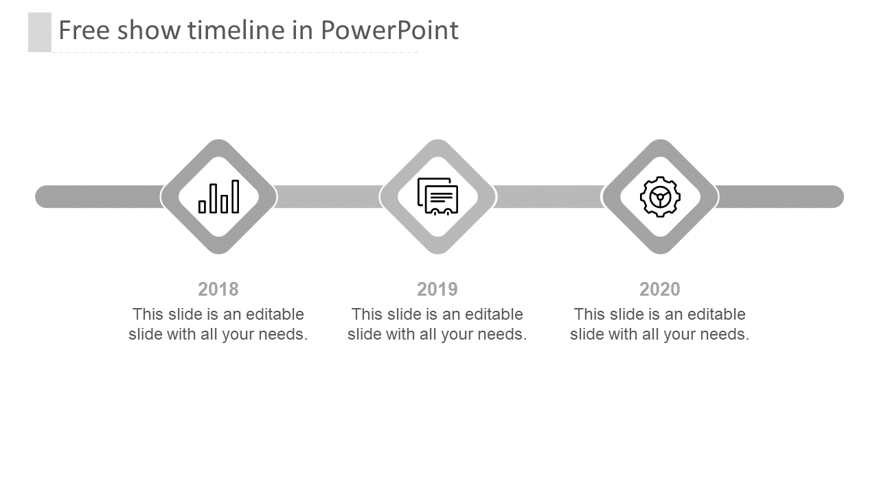 Horizontal timeline in grey with diamond shaped markers for the years 2018 to 2020, with icons and placeholder text.