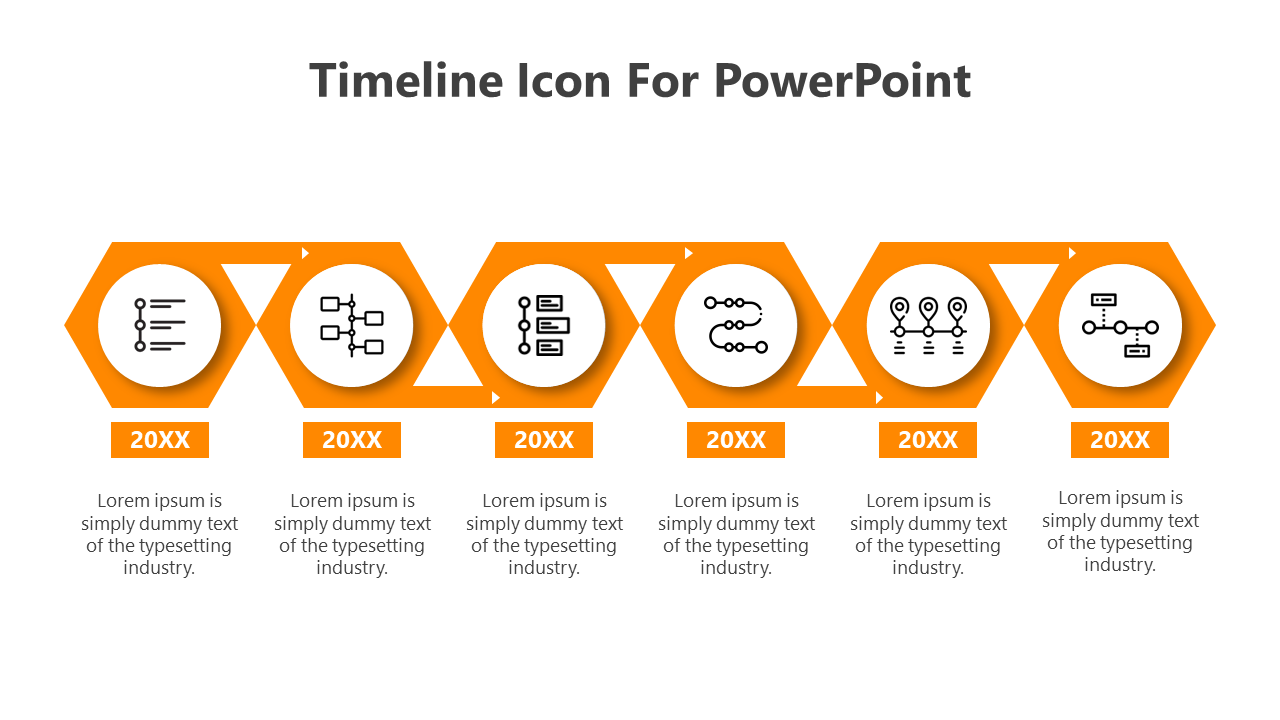 A timeline slide featuring five hexagonal shapes with icons, each labeled with '20XX' and placeholder text areas.