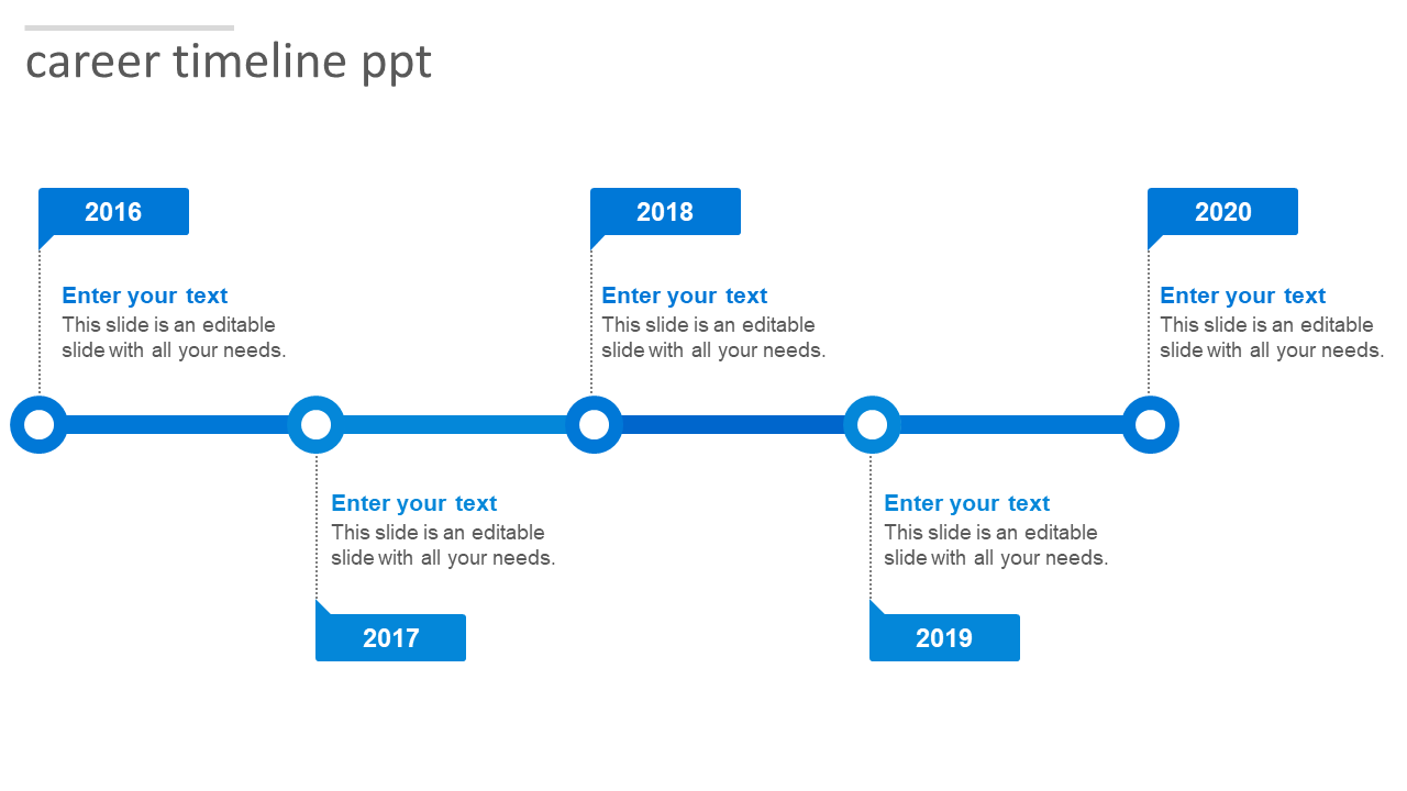 Career timeline slide with blue colored key milestones from 2016 to 2020, featuring placeholder text for each year.