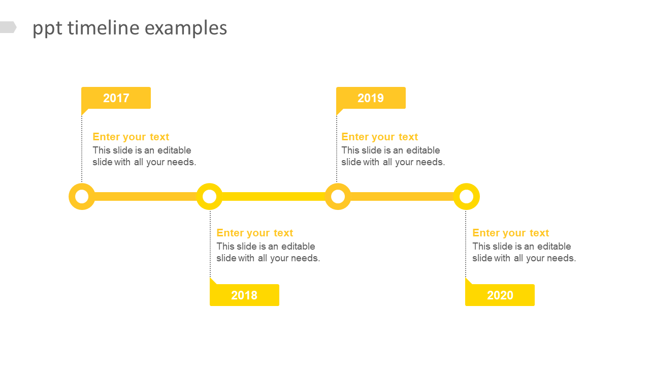 PowerPoint slide showcasing a yellow timeline with milestones for 2017 to 2020, with placeholders for text.