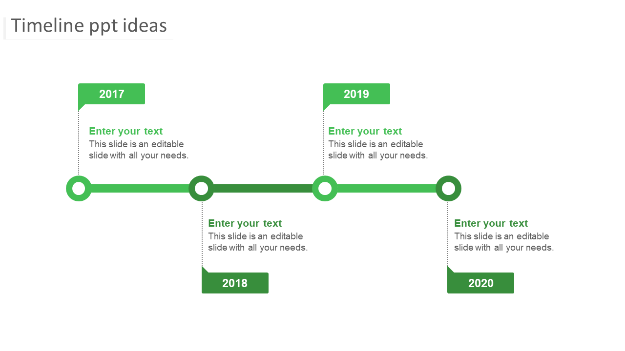 Timeline slide with green year markers from 2017 to 2020, on a dotted line, and text areas beneath.