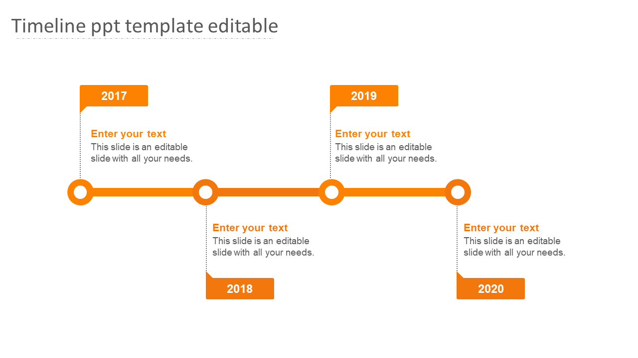 PowerPoint slide showcasing an orange timeline with milestones for 2017 to 2020, with placeholders for text.