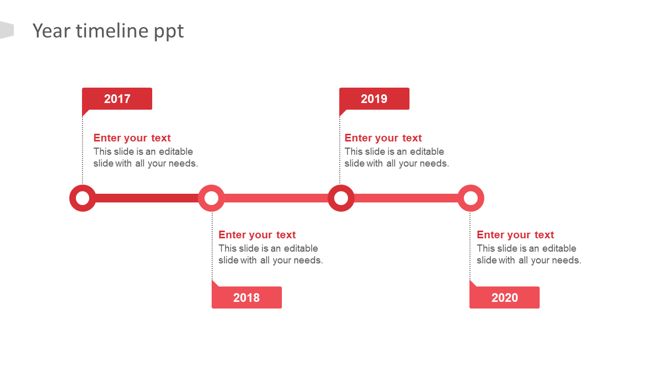 Red timeline slide with year markers from 2017 to 2020, featuring circular icons, and space for text.