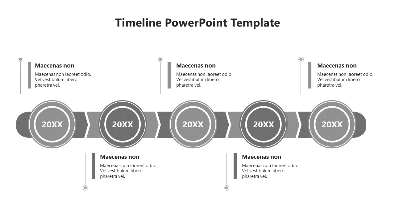 Timeline slide with five gray circles connected by arrows, each marked with a year and captions.