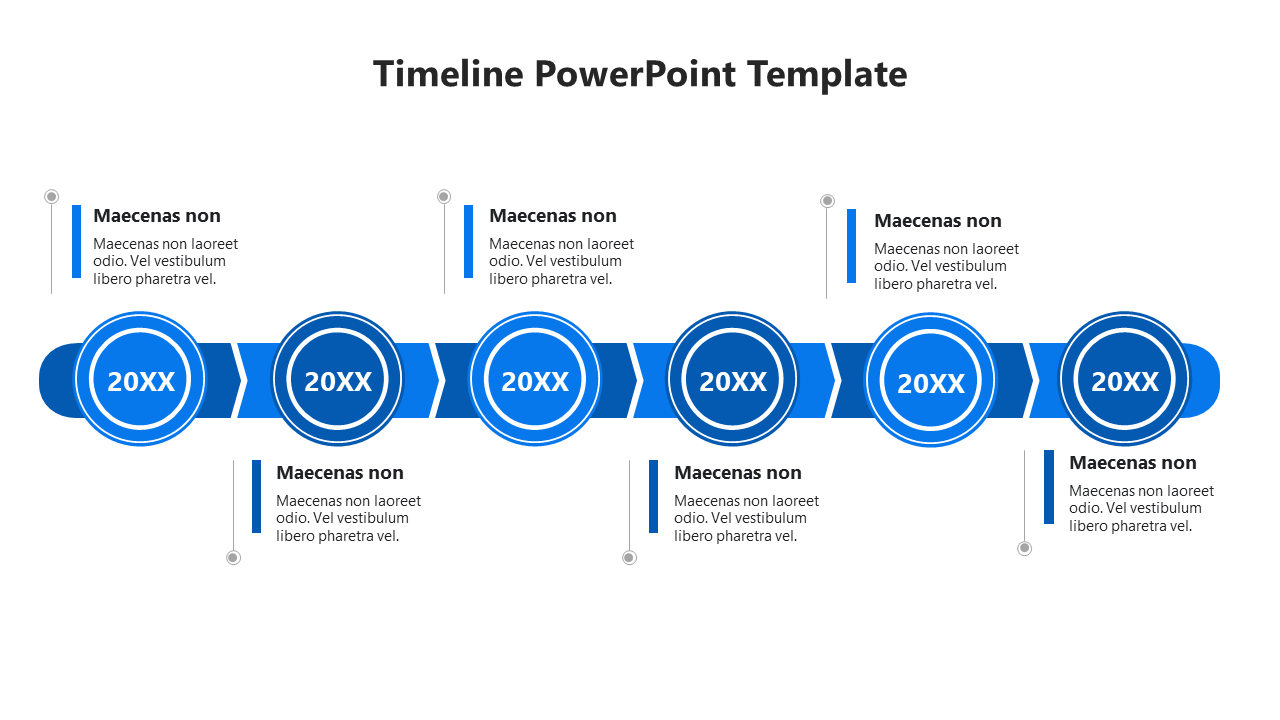 Horizontal timeline with six blue circular markers for each year, each with text on both sides.